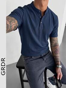 GRDR 立领纽扣 Polo 衫，男士新款夏季休闲短袖上衣 - 藏蓝色 - 查看 1