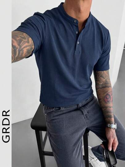GRDR Camisa polo de cuello mao con botones, nueva camiseta casual de manga corta para hombre en verano