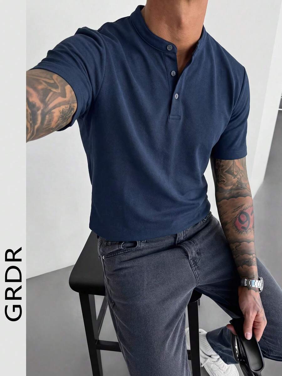 GRDR 立领纽扣 Polo 衫,男士新款夏季休闲短袖上衣 - 藏蓝色 - 查看 1