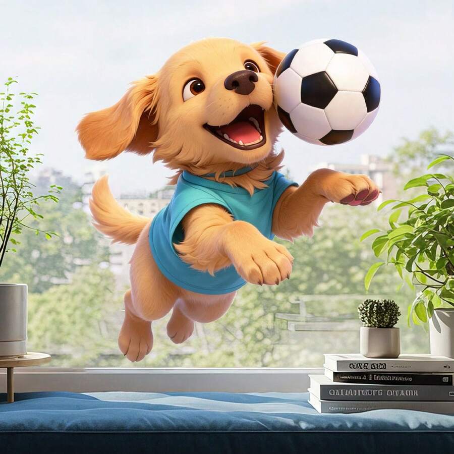 3D Cute Golden Retriever Puppy Football Wall Sticker, Removable Dog Wall Decal, Fun Sports Decor For Kids Bedroom, Nursery - Multicolor - View 1