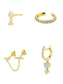 4件套独特24K镀金立方氧化锆吊坠耳环套装，女士锆石链耳钉套装，耳环组合，可叠戴 - 4pcs/set - 查看 5