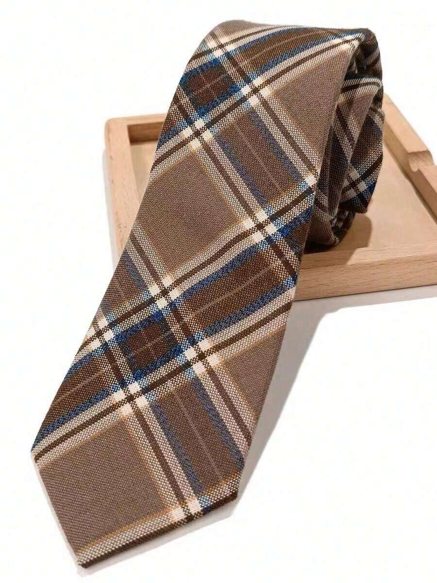 1pc Men's Fashion Striped Plaid Necktie, Versatile Business Style. - 棕色 - 查看 1