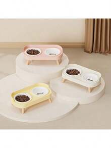 New Upgraded Dual Bowl Pet Feeder, Integrated Water And Food Bowls, Available In Plastic, Stainless Steel And Ceramic In Various Colors, Suitable For Your Pet (Random Color Sent) - 300ml - View 1