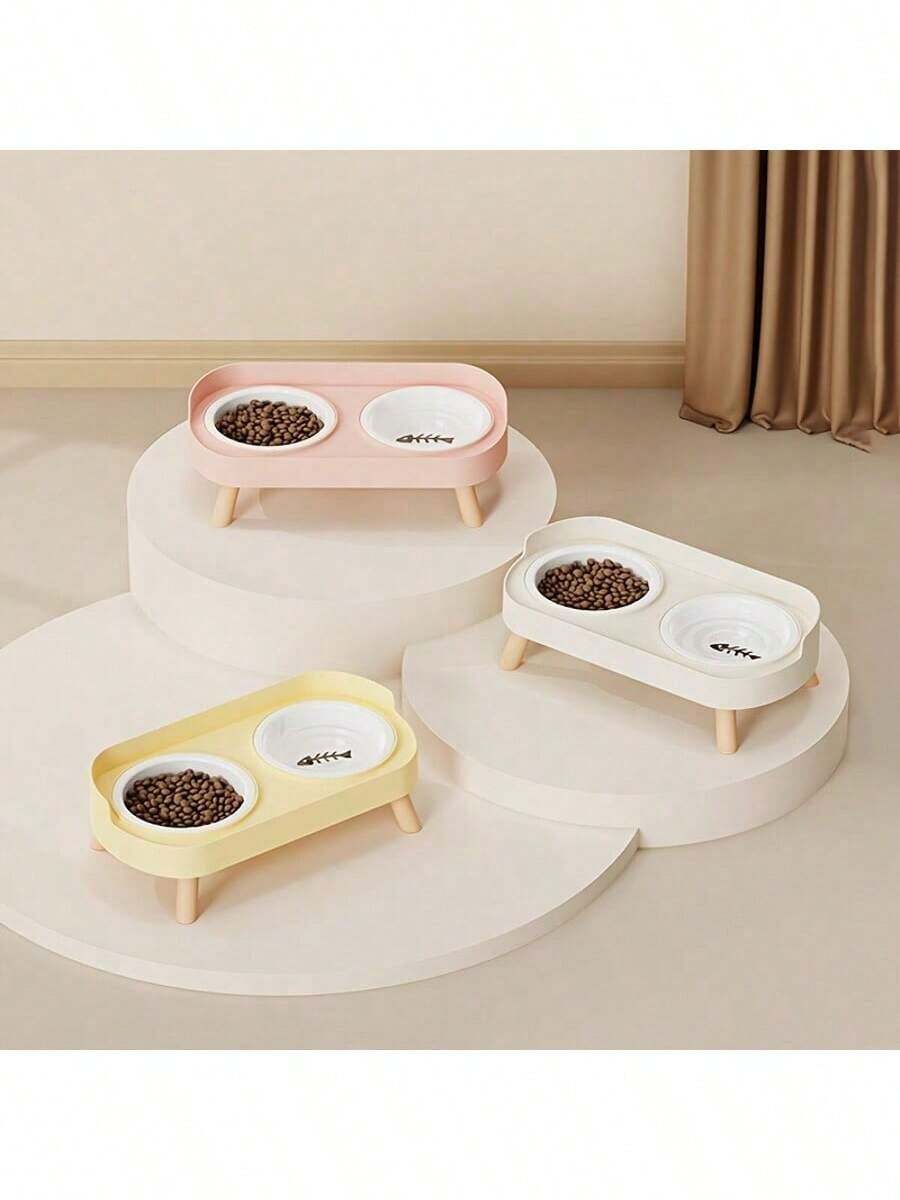 New Upgraded Dual Bowl Pet Feeder, Integrated Water And Food Bowls, Available In Plastic, Stainless Steel And Ceramic In Various Colors, Suitable For Your Pet (Random Color Sent) - 300ml - View 1