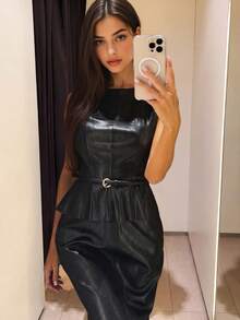 TRAFZA 春夏优雅女士仿皮腰带上衣半裙套装 - 咖啡棕 - 查看 4