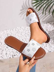 Sandal Selop Wanita Bentuk H, Gaya Romawi Kasual, Hak Rendah Nyaman dengan Desain Timbul, Sandal Datar Prancis untuk Pantai - Putih - View 6