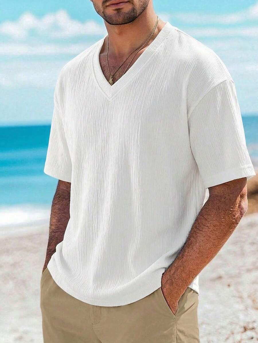 1pc White Textured Men's Short Sleeve V-Neck T-Shirt, Lightweight Breathable Men's Vacation Top, Casual Beach Holiday Style, Machine Washable - White - View 1