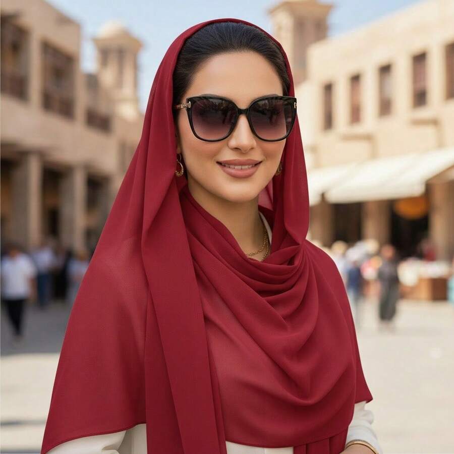 1pc Women's Solid Color Chiffon Lightweight And Soft Headscarf, Suitable For Daily Wear,Beach,Holiday - Dark Red - View 1