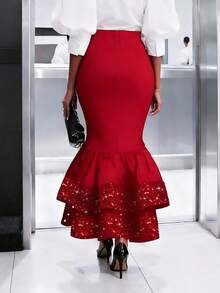Rok Maxi Duyung Hitam Ukuran Besar, Rok Panjang Elegan dengan Payet dan Hem Berumbai, Kain Rajut Merah Musim Semi - Merah - View 5