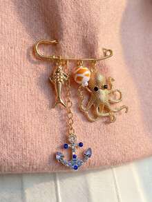1pc Creative Blue Rhinestone Anchor & Octopus Brooch, Cute Ocean Element Waist Clip, Suitable For Daily Wear And Beach Vacation - Multicolor - View 5