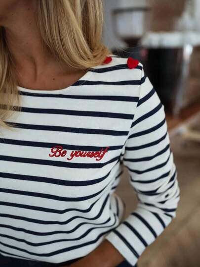 Women's Striped Colorblock Letter Embroidery Collegiate Style Round Neck Long Sleeve Top, Suitable For Office, Casual, School, Music Festival Outfits
