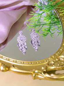 1 Pair Cubic Zirconia Luxury Pendant Earrings, Fashion Women's Jewelry Gift, Suitable For Date, Wedding, Party, Anniversary, Comes With Gift Box - White - View 6