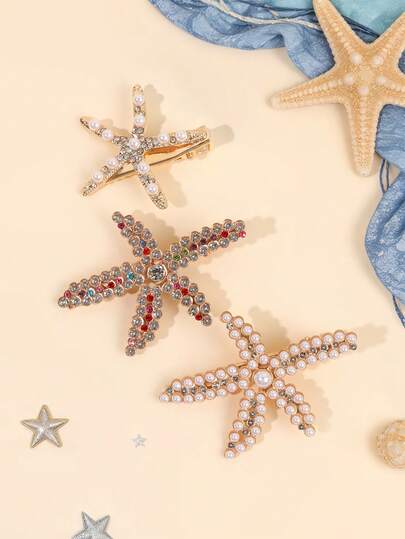 3 יחידות סיכות שיער בצורת כוכב ים לנשים מבריק פנינה ריינסטון דקור קליפים תנין עדינים אוקיינוס סגנון שיער קליפים אלגנטי חופשה/הוואי/חג סיכות כוכב ים סיכות שיער נשים שיער אביזרים