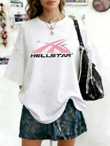 Plus Size Hellstars Textured Flame Head Star Y2K Graphic T-Shirt,220g 100% Cotton,Round Neck Short Sleeve,White Streetwear Essential For Summer Going Out,Unisex Style - 白色 - 查看 1
