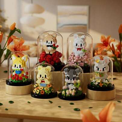 Cute Pet Flowers Building Blocks Toys, Mini Pet Animal Series Building Blocks, DIY Building Block Kit, Creative Desktop Ornament Gift, Fun Toys For Birthday, Thanksgiving, Halloween, Christmas, 400+ PCS