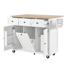 Kitchen Island With Wheels, Extendable Dining Area, Kitchen Island With Waste Bin And Drawers, Mobile Kitchen Island Ideal For Kitchen And Dining Room (White) - White - View 8