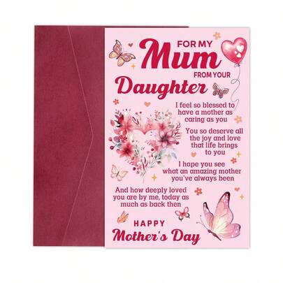 بطاقة تهنئة عيد الأم مع مغلف - بطاقة عيد الأم السعيد مع رسالة مؤثرة من الابنة، بطاقة شكر للأم، هدايا عيد الأم للأم