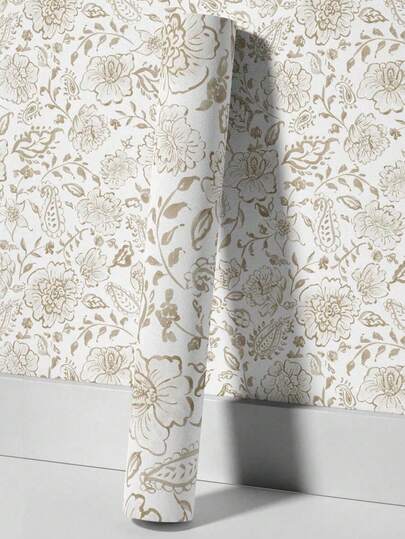 防水自粘花卉壁纸，复古米色花朵墙贴，可移除PVC材质，适用于卧室客厅，30/40/45*200/300/500厘米/卷，易于安装，防油，是租房者和房屋装修的理想之选。