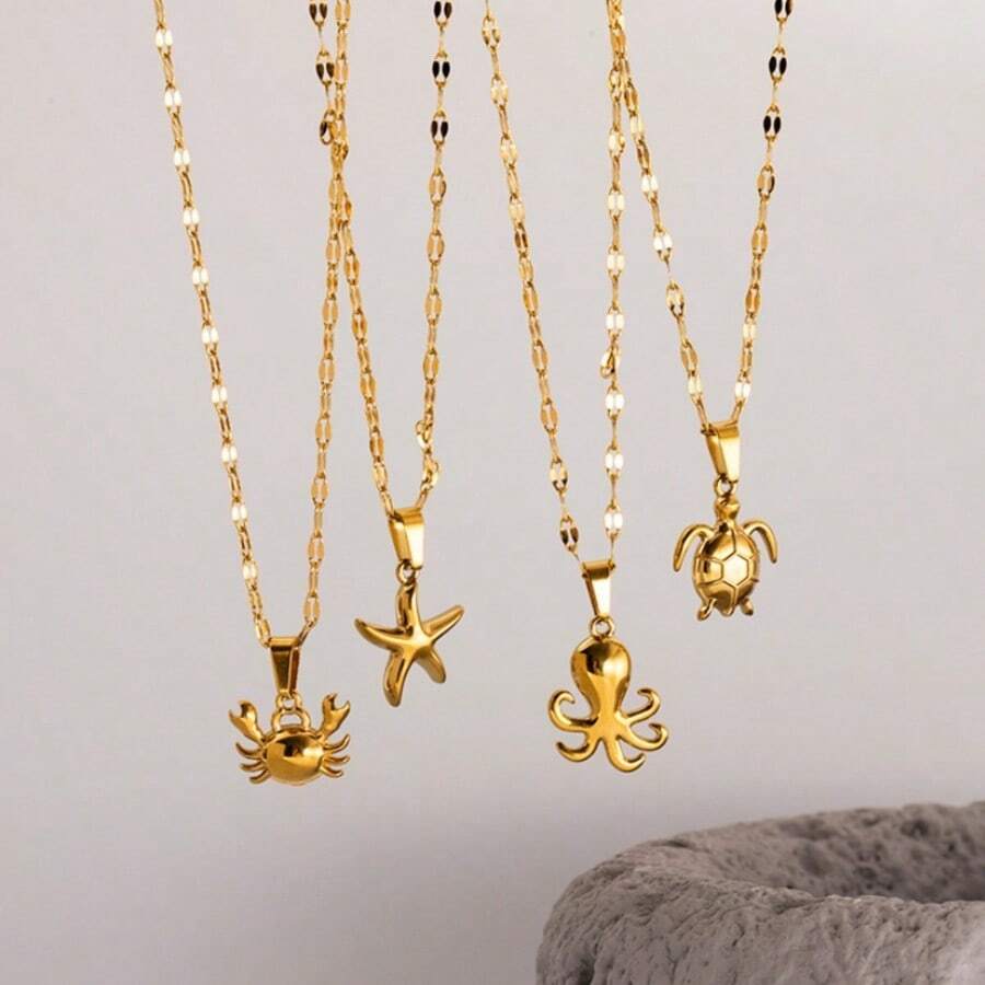 1pc Minimalist Ocean Theme Necklace, Stainless Steel Pendant Necklace, Versatile For Daily Wear, Beach Vacation - Multicolor - View 1