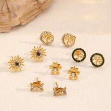 1对18K镀金不锈钢时尚女士耳环，生命之树镶嵌钻石，黄金首饰，蝴蝶吊坠，优雅日常佩戴耳环 - 金色 - 查看 1