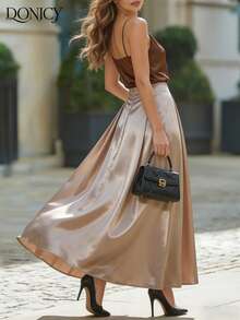 Women's Beige Long Pleated High Waist Skirt, Elegant And Flowing - Apricot - View 2
