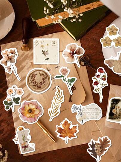 60片复古干花叶子贴纸，PVC材质，浪漫清新设计，非常适合用于剪贴簿、吉他、笔记本、平板电脑、计划本、信封、礼品和学习用品装饰。