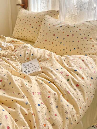 4pcs Soft & Breathable Duvet Cover Set, Milky Yellow Base With Rainbow Star Print, Sweet & Cool Girl Style, Perfect For Bedroom Or Dorm Makeover (1 Duvet Cover + 1 Flat Sheet + 2 Pillowcases, Excluding Comforter & Pillow Insert, Pillowcase Pattern Randomly Cut)