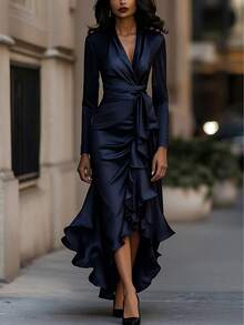 Black Satin Wrap Maxi Dress: Long-Sleeve Ruffled High-Low Gown For Formal Evening Events & Elegant Cocktail Parties - Navy Blue - View 6