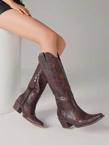 Western Boots For Women Floral Embroidered Pull On Boots Pointed Toe Chunky Heel Long Boots Classic Cowboy Cowgirl Boots Knee High Western Boots For Dressy Party Walking Shoes - màu nâu cổ điển - Xem 5