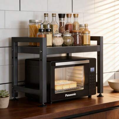 Extendable 2-Tier Microwave Rack (40-65cm * 32cm * 43.5cm), Adjustable Kitchen Counter Organizer, Countertop Storage Rack For Pots, Pans And Grills