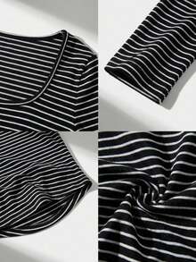 Women's Casual Stretchy Slim Fit Striped Patchwork Square Neck Long Sleeve T-Shirt, Suitable For Spring/Summer Daily Wear, Daily Apparel, Long Sleeve Top, Casual Daily, Holiday Vacation - Black and White - View 9