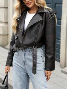 Women's Distressed Faux Leather Bomber Jacket, Loose Fit Motorcycle Jacket - Dark Brown - View 4