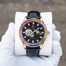 1 件男士自动机械表，彩虹水钻表圈，镂空表盘，防水，简约设计，适合日常佩戴和送礼。 - 黑色 - 查看 4