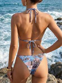 欧洲风情女士时尚印花分体比基尼套装，挂脖三角泳衣，适合海滩度假 - 藍色 - 查看 5