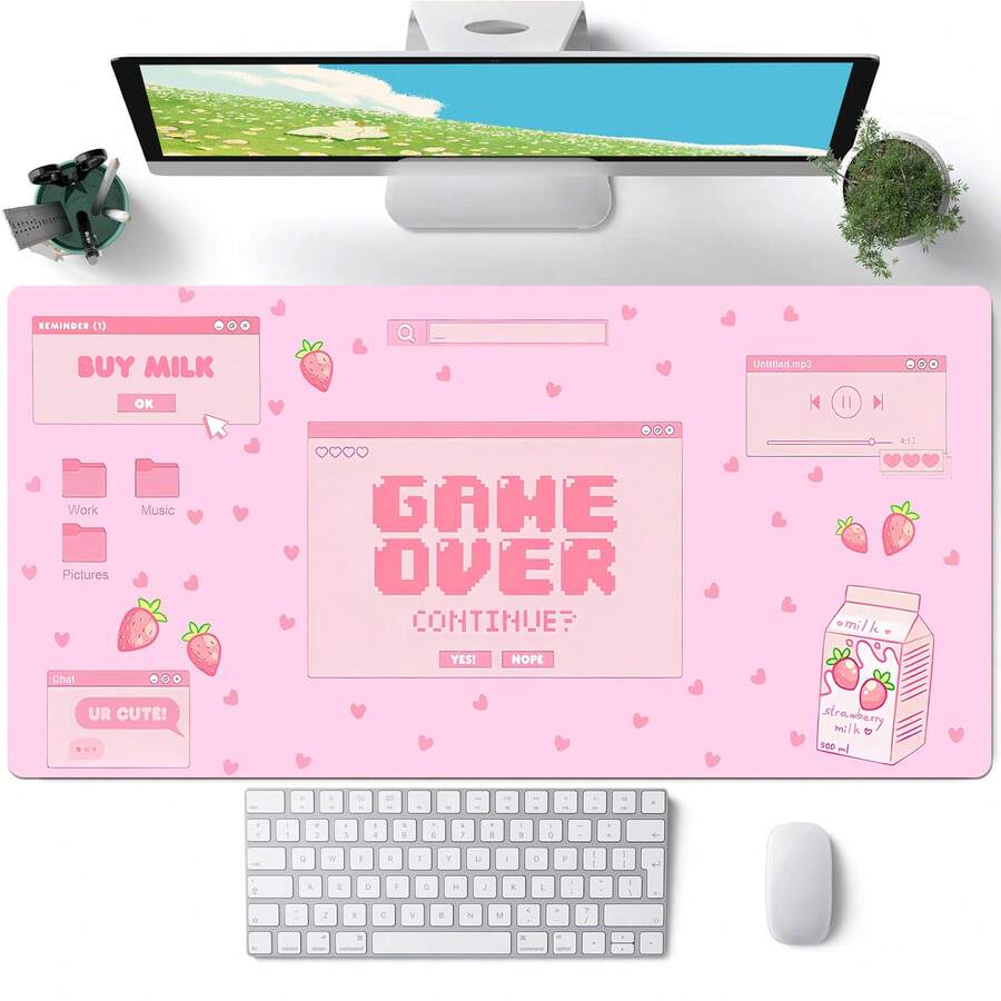 粉色可爱动漫游戏鼠标垫 XXL，草莓牛奶图案大号鼠标垫，美观笔记本电脑键盘垫，女士/女孩全尺寸桌面鼠标垫 - 查看 1