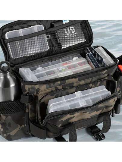 1pc Multi-Layer Waterproof Fishing Tackle Bag, Available In Camouflage, Geometric Pattern Or Solid Color, Zipper Closure, Shoulder Strap. Ideal For Outdoor Hiking, Camping And Fishing Equipment Storage.