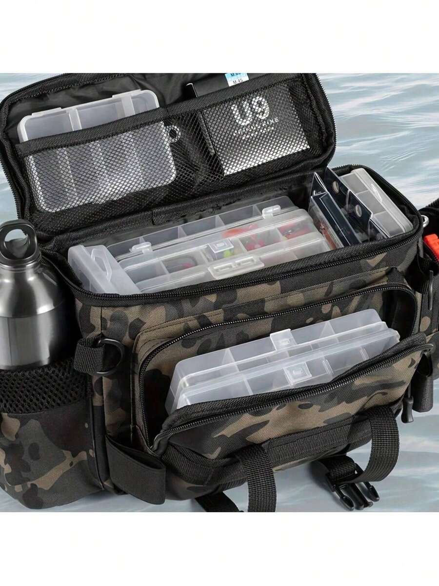 1pc Multi-Layer Waterproof Fishing Tackle Bag, Available In Camouflage, Geometric Pattern Or Solid Color, Zipper Closure, Shoulder Strap. Ideal For Outdoor Hiking, Camping And Fishing Equipment Storage. - Multicolor - View 1