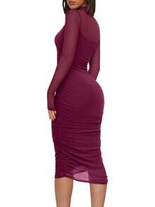 2026 Women's Summer Mesh Sheer Short Sleeve Mock Neck Ruched Bodycon Midi Elegant Evening Party Cocktail Dress - Burgundy - View 5