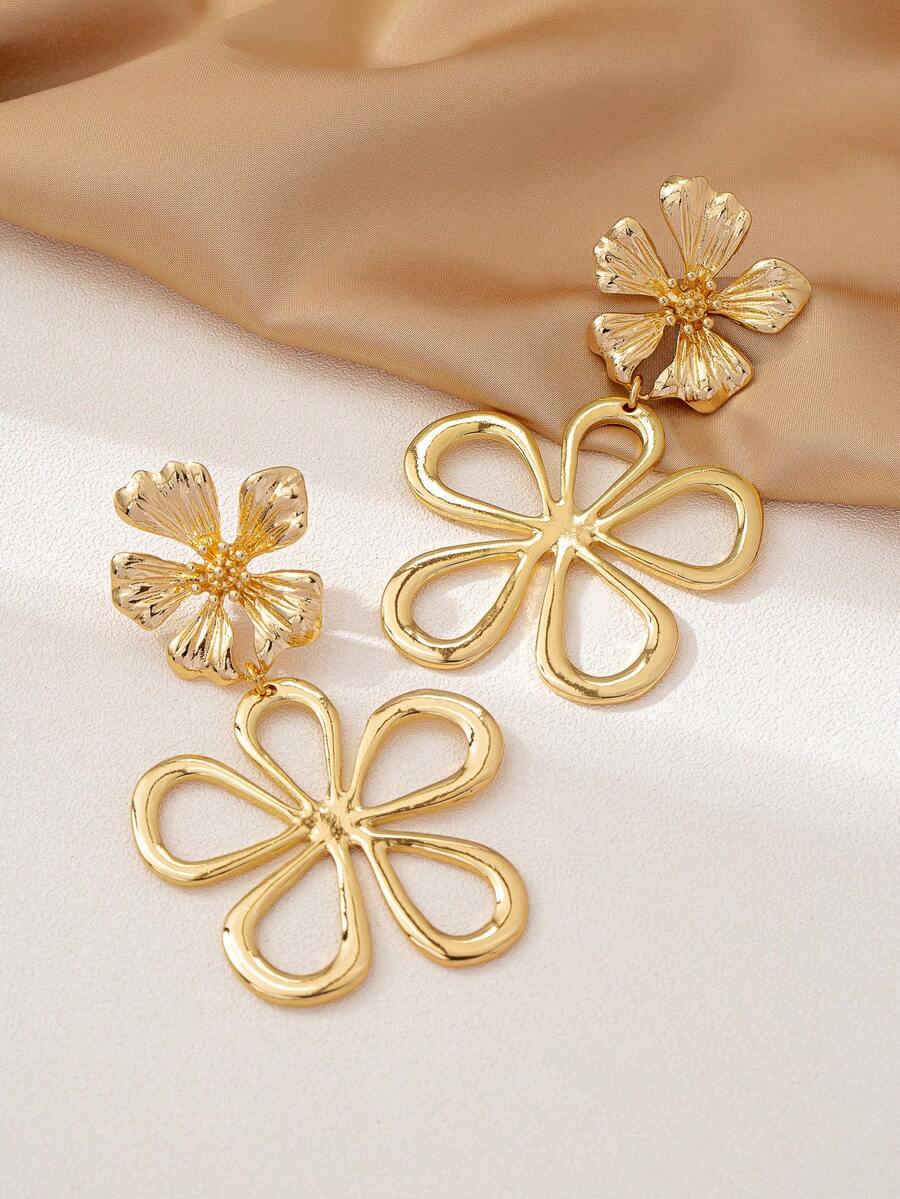 1对镂空花朵系列耳环，欧美时尚简约百搭，适合春季外出佩戴 - 金色 - 查看 1
