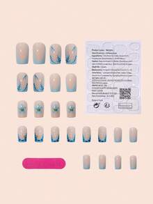 24 pièces Autocollants pour ongles en gel 3D carrés courts, design de décoration de perles, autocollants pour ongles acryliques français bleu clair, parfaitement adaptés aux ongles courts, le set comprend 1 gel de gelée et 1 lime à ongles, facile à appliquer, convient pour les ongles d'été et la manucure française, convient pour les femmes et les filles pour un port quotidien et les fêtes - Multicolore - Voir 4