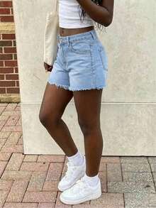 Pantalones cortos vaqueros tipo bermuda de pierna recta y holgados para mujer, de verano - Lavado ligero - Ver 4