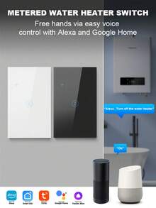 US Standard WiFi Smart Water Heater Switch With Energy Monitoring - APP Remote Control, Compatible With Alexa/Smart Home/Tuya, Voice & Timer Functions, Real-Time Power/Current/Voltage Tracking, Daily/Monthly/Annual Statistics, 5000W High Load, Tempered Glass Panel, Backlit Switch - Multicolor - View 1