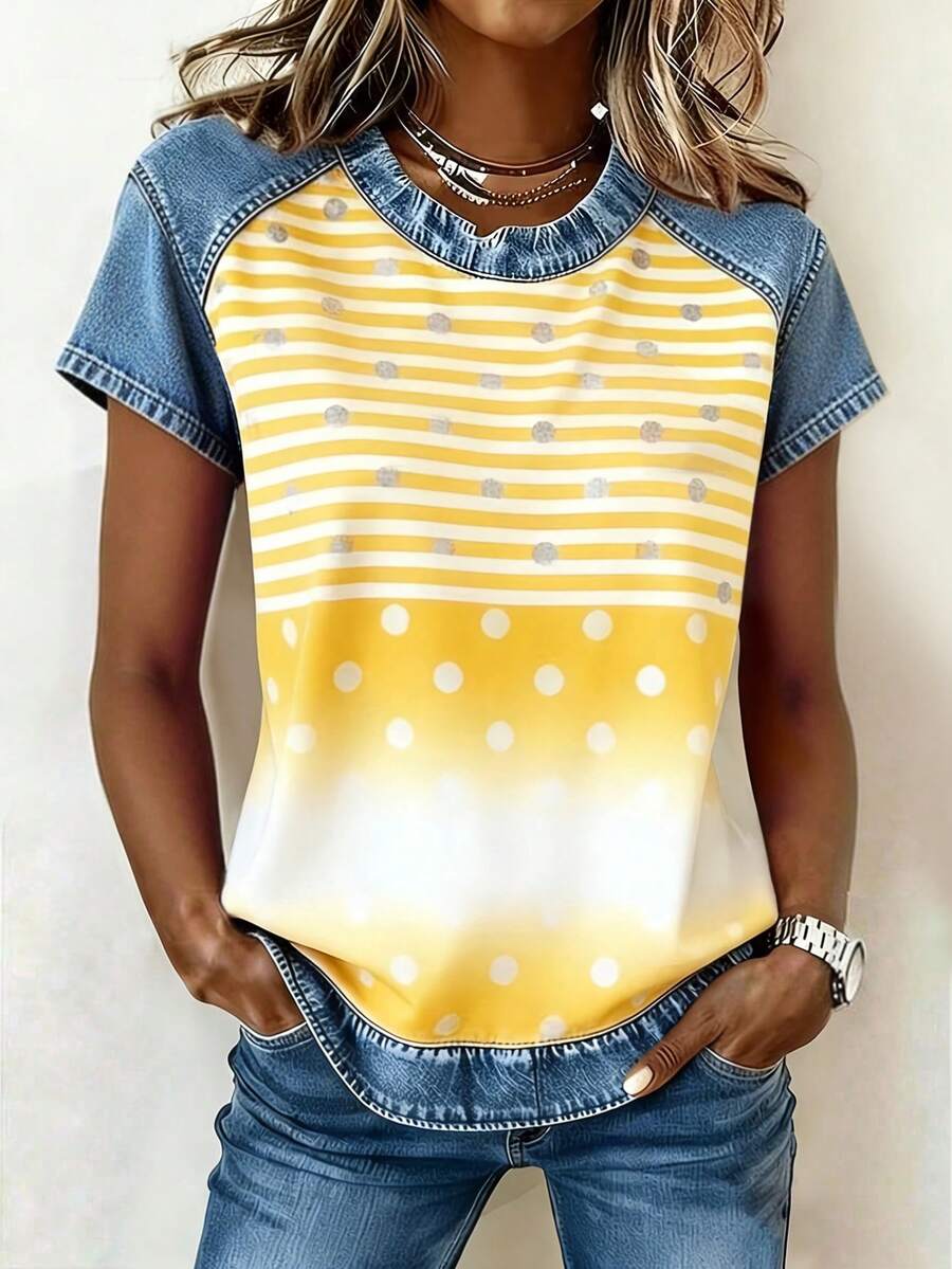 Trang phục mùa hè kẻ sọc, chấm bi và họa tiết cho nữ, áo thun ngắn tay cổ tròn đơn giản, phong cách thường ngày đi biển, thích hợp cho kỳ nghỉ. - Nhiều màu - Xem 1