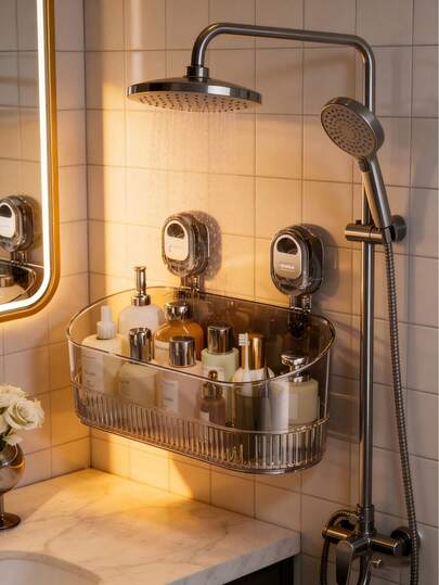 强力吸盘壁挂式收纳篮，豪华透明大容量浴室收纳架，适用于厨房和浴室