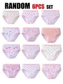 6pcs/Pack Young Girl' Ditsy Floral & Heart Print Comfortable Cotton Briefs, Assorted Styles For Toddlers & Little Children - Pink - View 12