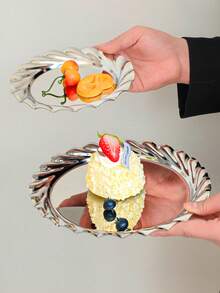 1个欧式不锈钢螺旋边托盘，下午茶蛋糕水果盘，甜点盘，家用餐桌托盘 - 銀色 - 查看 8