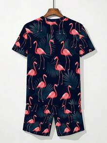 Conjunto de hombre con estampado de flamenco 3D que consta de una camisa de manga corta estampada y pantalones cortos, estilo deportivo casual, ropa de ocio transpirable para exteriores, conjunto de impresión 3D de verano, regalo del Día del Padre, regalo del Día de San Valentín, talla adulta, lavable a máquina, ropa casual de calle. - Colores mixtos - Ver 1