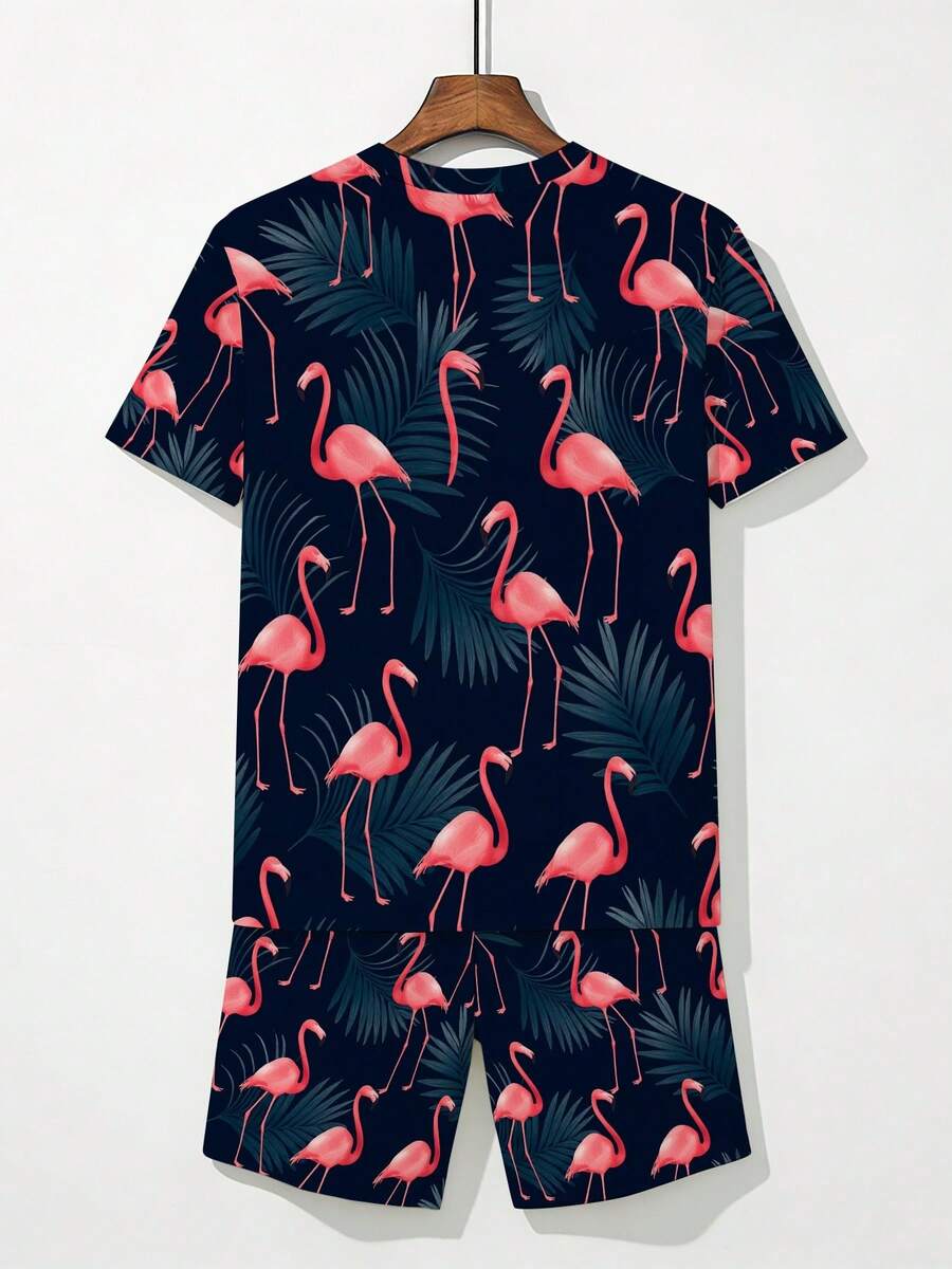 Conjunto de hombre con estampado de flamenco 3D que consta de una camisa de manga corta estampada y pantalones cortos, estilo deportivo casual, ropa de ocio transpirable para exteriores, conjunto de impresión 3D de verano, regalo del Día del Padre, regalo del Día de San Valentín, talla adulta, lavable a máquina, ropa casual de calle. - Colores mixtos - Ver 1