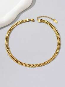 18k Gold Plated 1pc , Charming, Fashionable & Versatile Stainless Steel Chain With Simple Personalized And Grid Design, Ideal For Daily Wear And Festival Gift, Best Friend Gifts - Yellow Gold - View 3