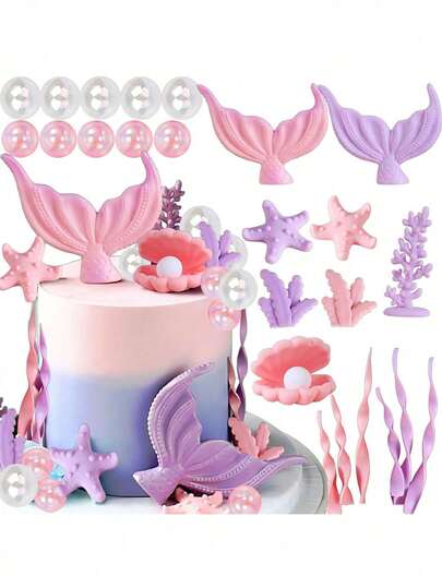 1 Set de decoraciones de pastel con tema de sirena, decoraciones de pastel de la serie oceánica, incluye conchas marinas, colas de peces, estrellas de mar, algas marinas, decoraciones de burbujas, adecuado para decoración de pastel con tema de sirena, decoración de pastel de fiesta de bebé y decoración de fiesta de cumpleaños con tema oceánico